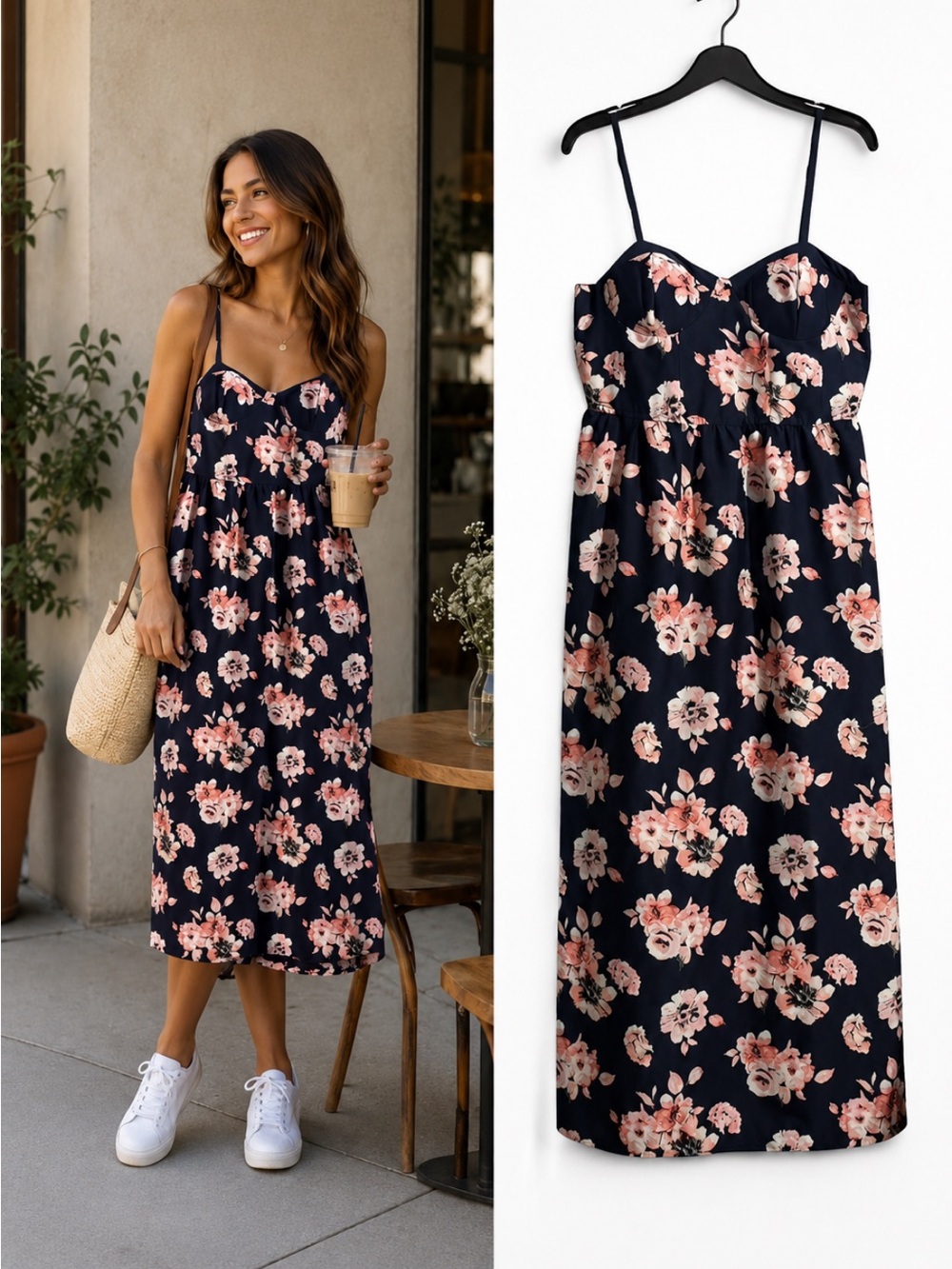 Band of Gypsies Navy Midi Dress w/Pockets in Pink Floral Print